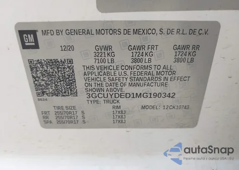 2021 Chevrolet Silverado 1500 4Wd Standard Bed Lt z USA, uszkodzony, nr VIN 3GCUYDED1MG190342